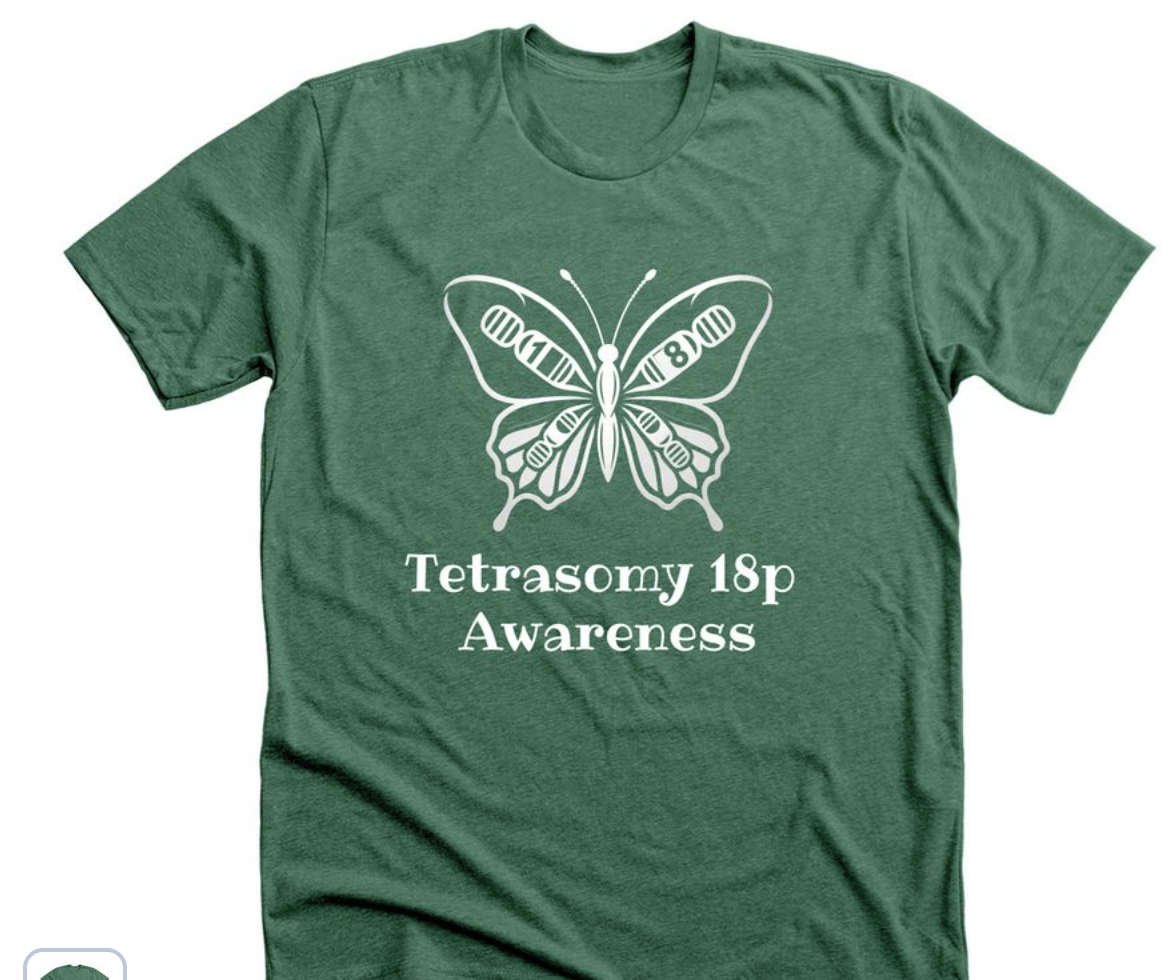 Tetrasomy 18p Awareness T-Shirt — heather green with butterfly design